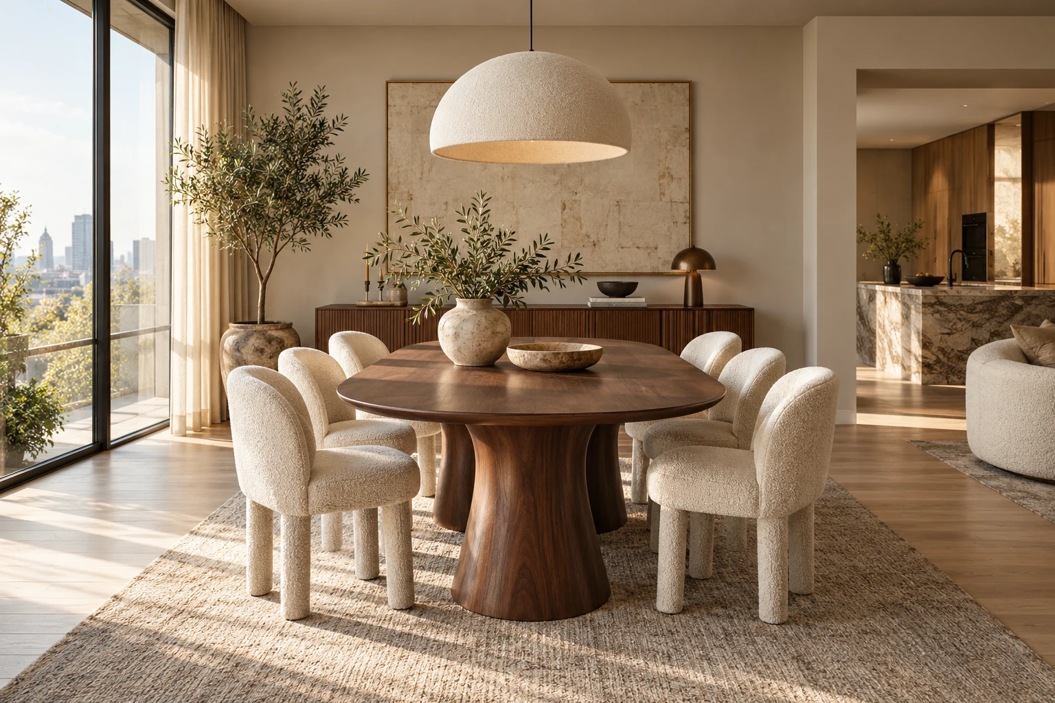 Salle à manger d’appartement avec table en bois et chaises contemporaines