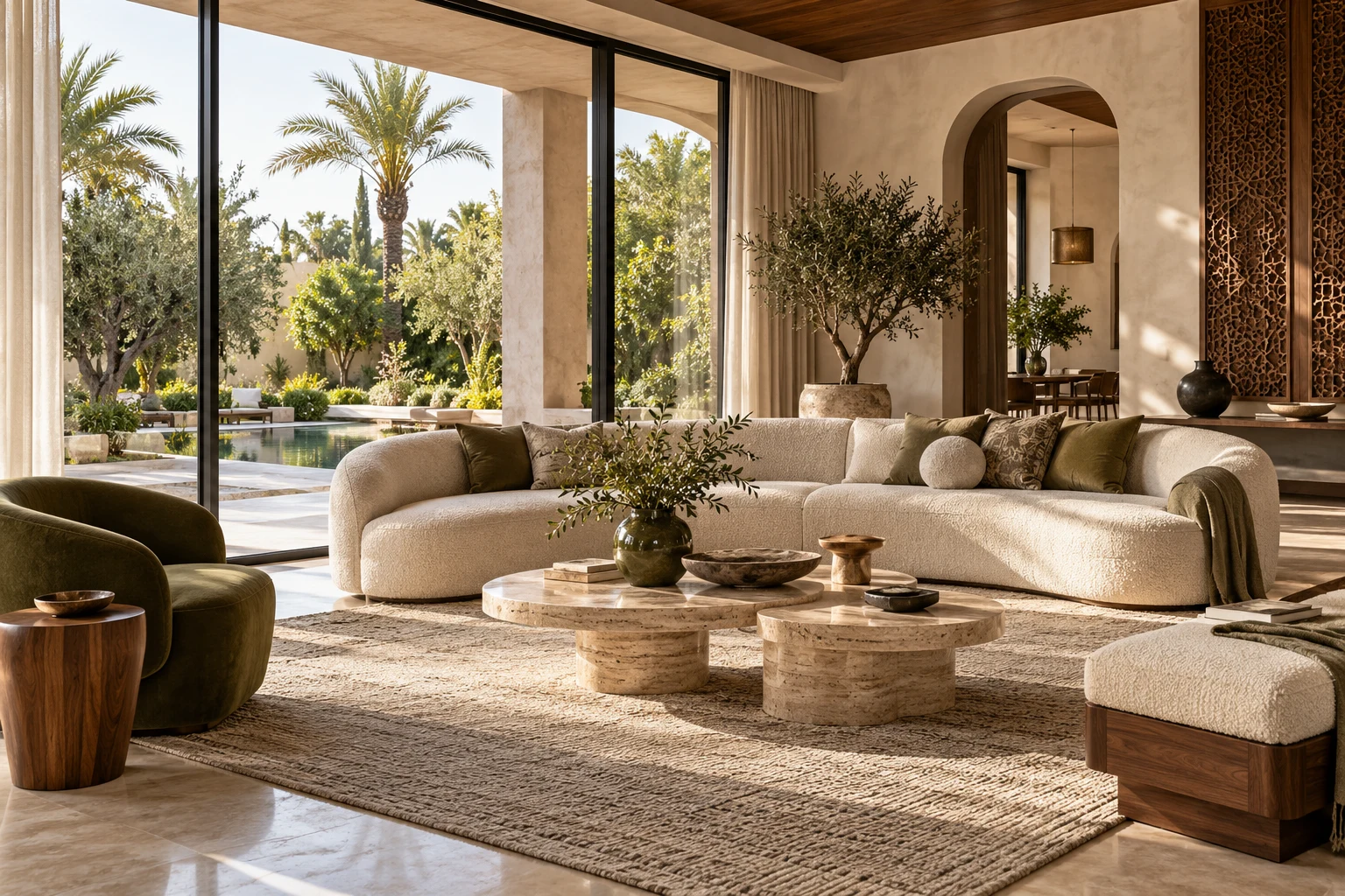 Concept d’un salon de villa avec canapé arrondi, bois naturel et ouverture sur le jardin